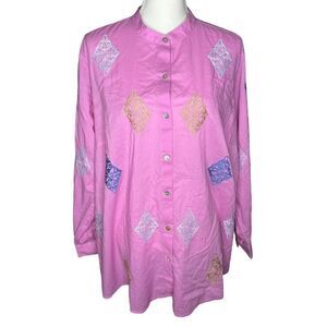 J. JILL Women's 3/4 Sleeve Embroidered Button Front Tunic Camellia Size XL
